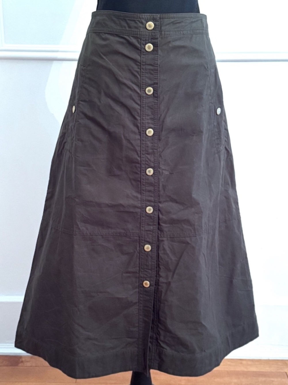 Barbour Laverne Cotton Snap Front Midi Skirt Size US 14 NWT Olive Green